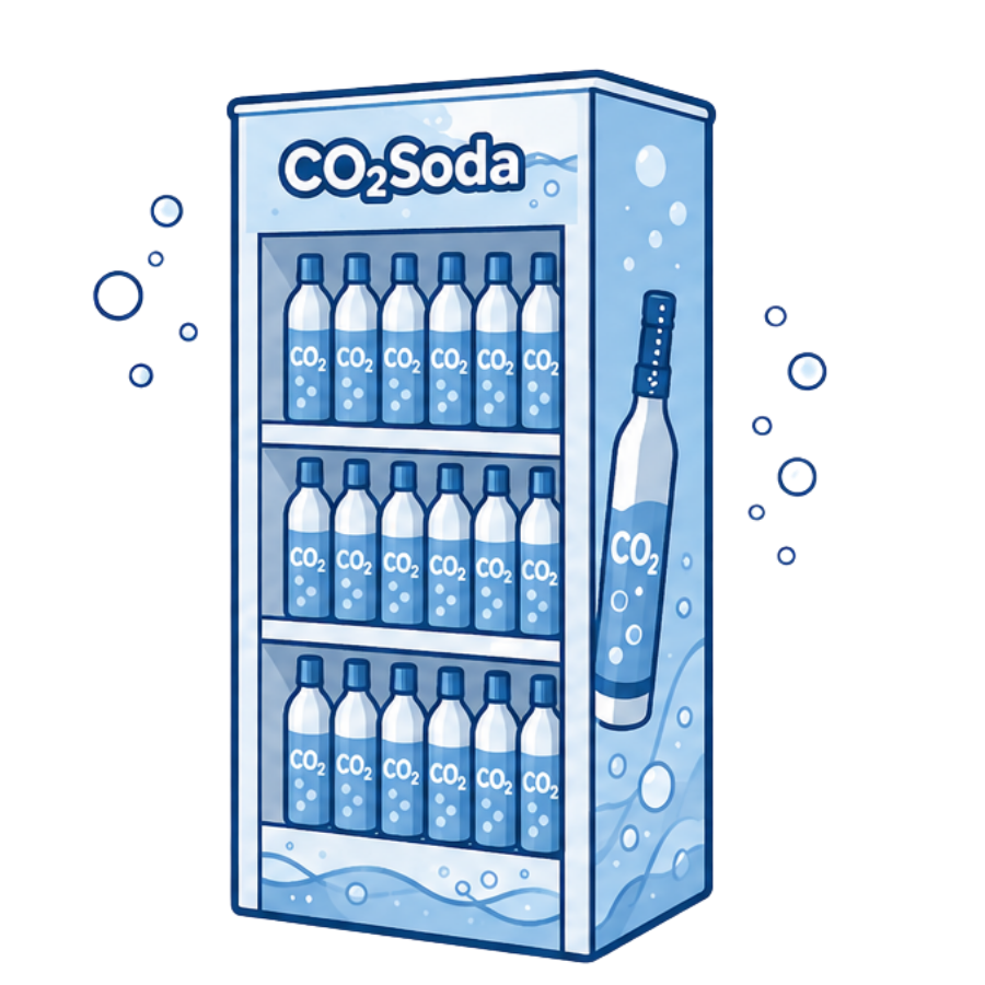 Présentoir Co2 Soda rempli de cylindres de CO₂ pour les points d’échange et dépositaires.